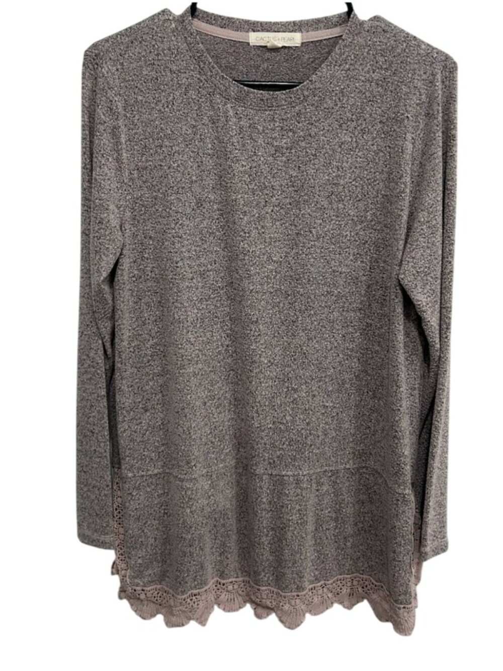 Cactus + Pearl Medium Gray Heathered Long Sleeve Top Lace Hem Boho Cottagecore